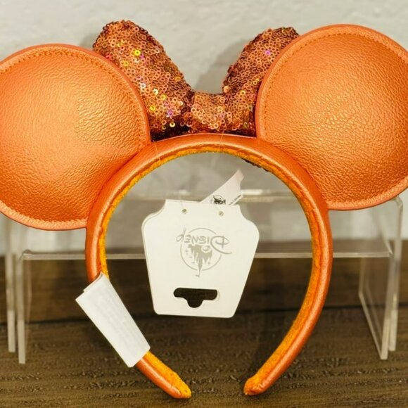 Disney Minnie Mouse Ears Peach Punch Orange Sequin Coral Headband Bow Parks - Picture 5 of 5